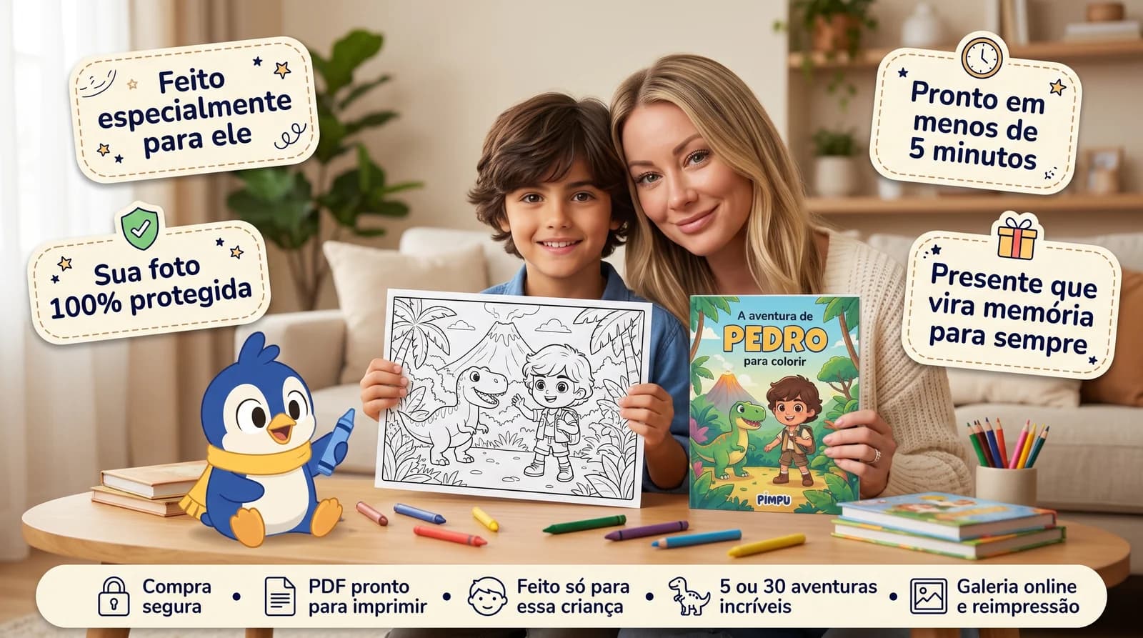 Mãe e criança mostrando uma página de colorir e um livro personalizado ao lado do Pimpu